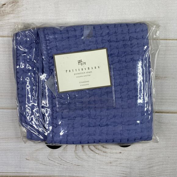 Pottery Barn Pick-Stitch Handcrafted Cotton Linen Quilted Pillow Std Sham Blue - Picture 1 of 14
